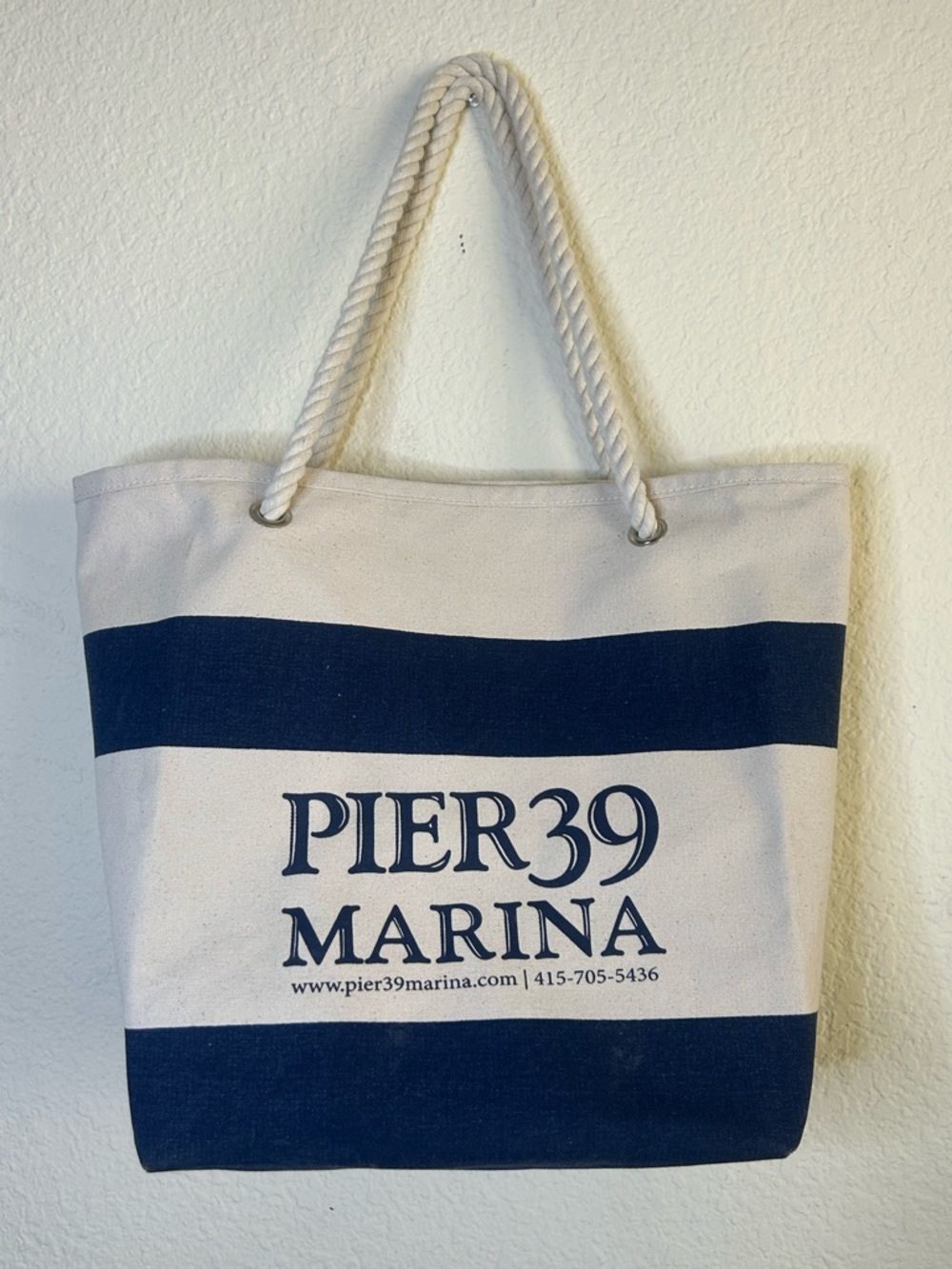 Pier 39 Marina Nautical Canvas Tote Blue Cream Striped Beach Tourist San Francis